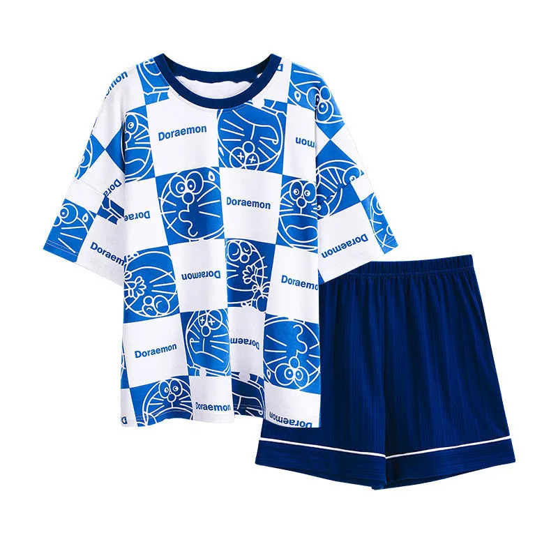 Chic Short Sleeve Pajamas Set For Women Summer Checked Sleepwear Anime Pijama Casual Roomwear For Young Girls Kawaii Pyjama Suit