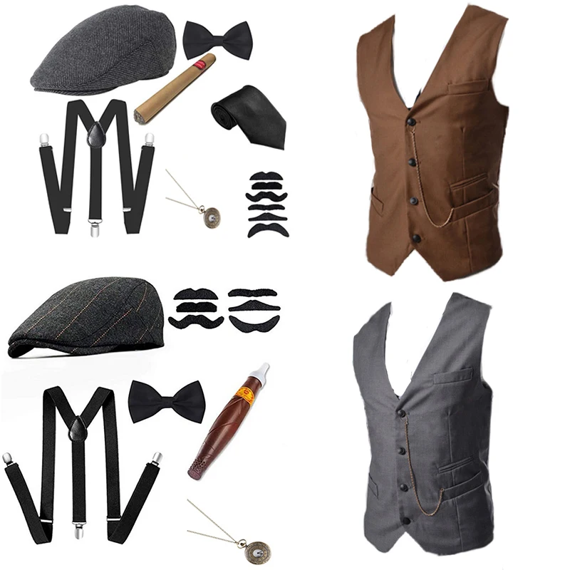 Men's Gangster Costume And Accessories Set Steampunk WaistCoat Vest Pocket Watch 1920s Men Gatsby Cosplay Outfit