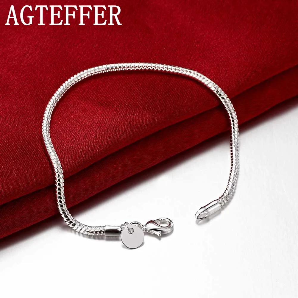 

AGTEFFER 925 Sterling Silver 8 Inch 3mm Snake Chain Basis Bracelet For Woman Charm Wedding Engagement Fashion Party Jewelry