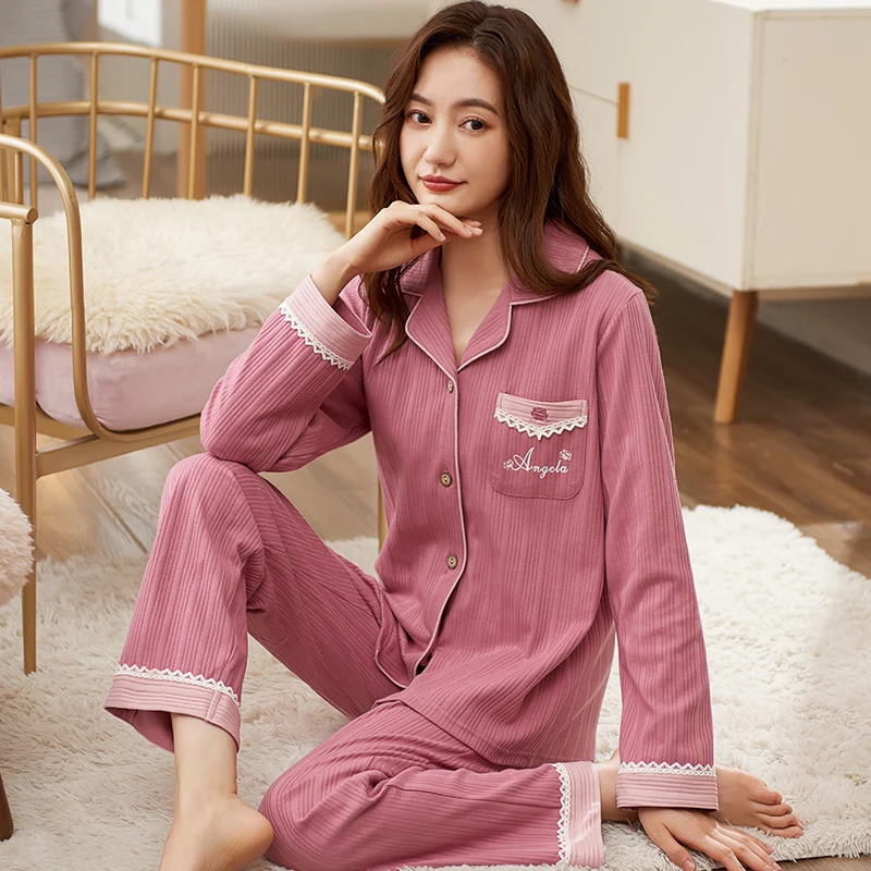 

Women Sleepwear Suit Spring Autumn Women's Knitting Cotton Long Sleeve Pajamas Set Loose Adult Mother Pijama Set Soft Home Wear