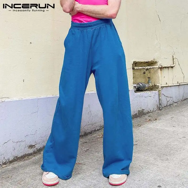 

INCERUN Men Casual Pants Solid Color Elastic Waist Streetwear Loose Joggers Wide Leg Trousers Men 2022 Fashion Leisure Pantalon