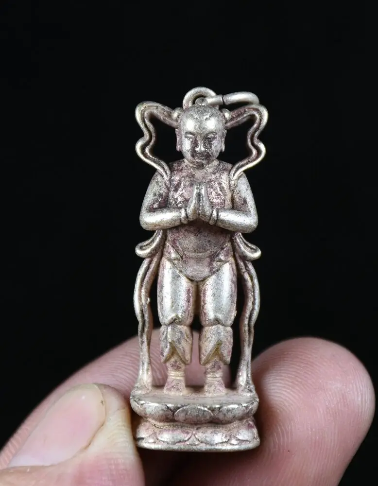 

4CM Rare Old China Miao Silver Feng Shui Tongzi Boy Blessing Necklace Pendant