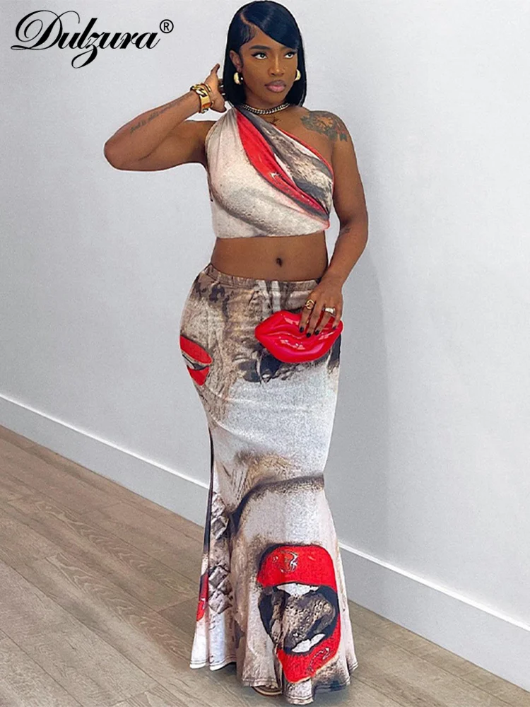

Dulzura Matching Suit Skew Collar Sleeveless Print Crop Top Maxi Skirt Graphic Tie Dye Co Ords Set 2023 Summer For Women Sexy