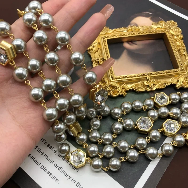 Длинное ожерелье из высококачественного стекла с позолоченным жемчугом