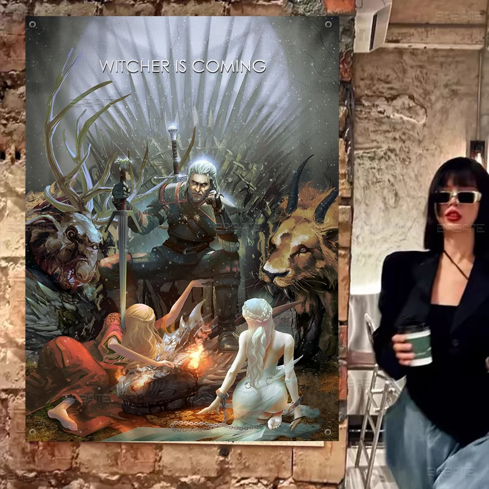 Hot-The-W-Witcher-Game Banner Art Printing Japanese Wall Flag Anime Hanging Home Decor