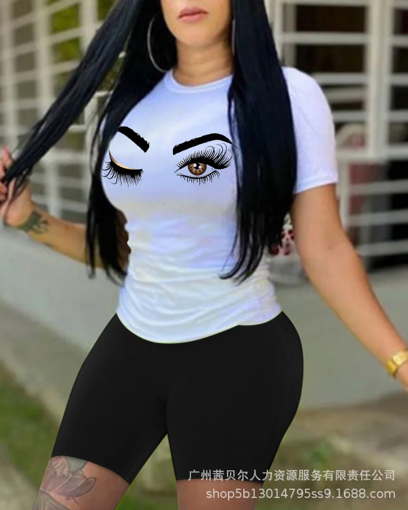 

Женский комплект из 2 предметов, однотонная белая блузка с принтом глаза и простые черные шорты, Модный повседневный костюм из 2 предметов