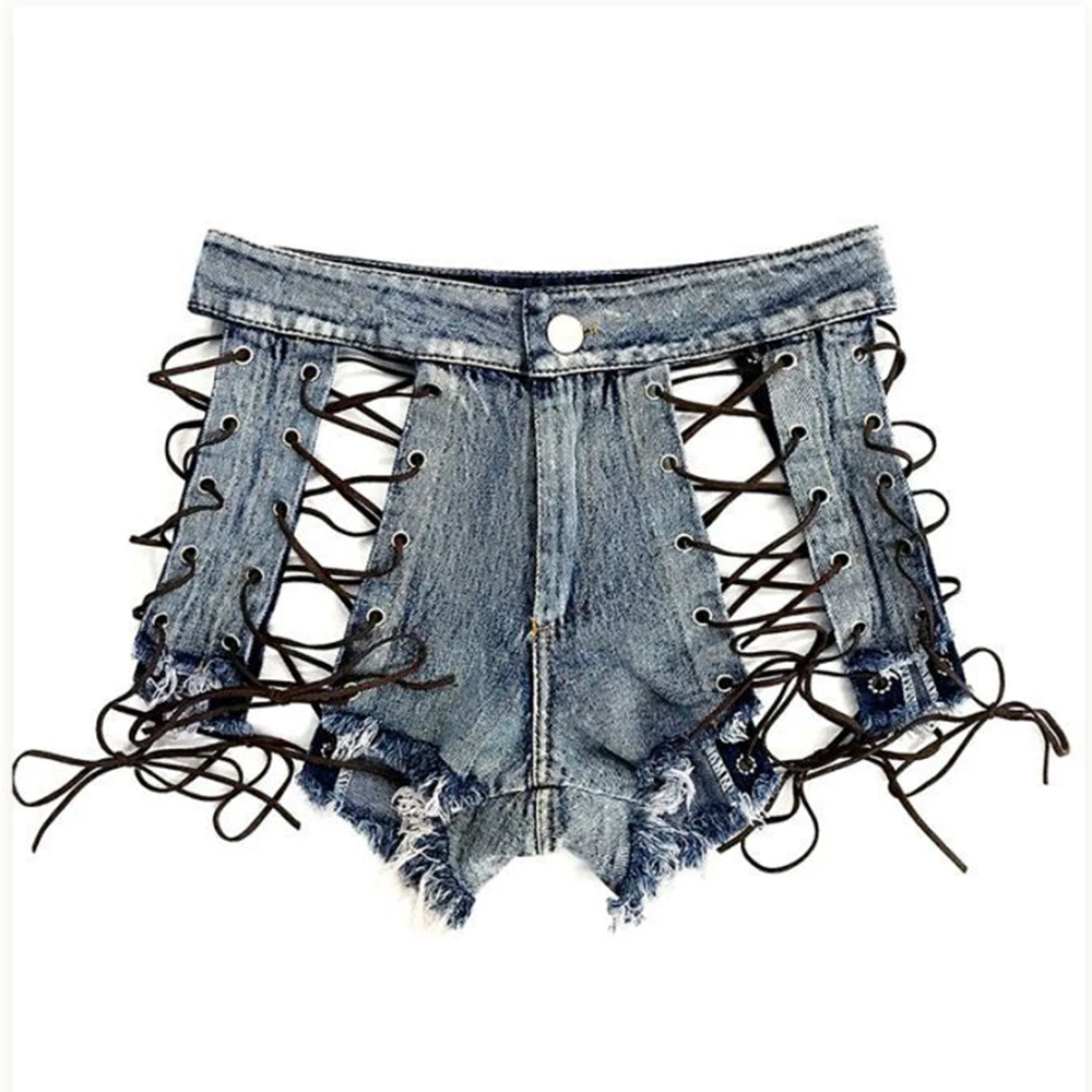 2022 New Women Sexy High Waist Hollow Out Bandage Denim Ripped Short Jeans Mini Skinny Club DJ Dance White Black