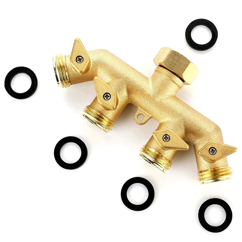 

F3KA Heavy Duty 4 Way Garden Hose Connector Brass Garden Hose Splitter Adapter Water Spigot Faucet Adapter with 4 Valves