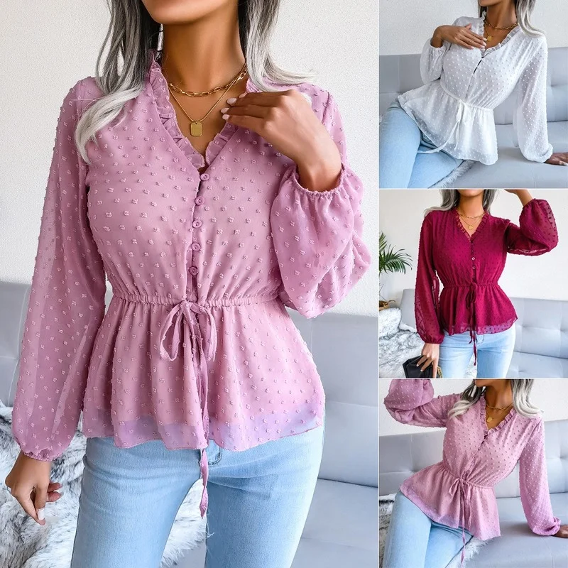 

2022 Summer Women's New Shirt Lantern Long-sleeved Lotus Leaf Lace Waist Polka Dot Chiffon Solid Color Pullover Shirt Women