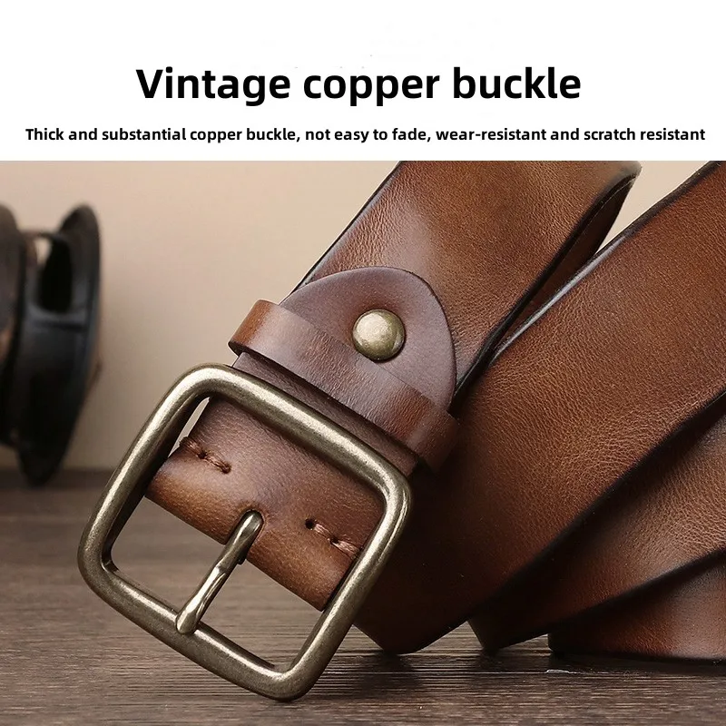 Handmade Classic Retro Style Pure Copper Horseshoe Buckle No Interlayer Cowhide Men's Belt 100% Genuine Leather Jeans Soft Belt