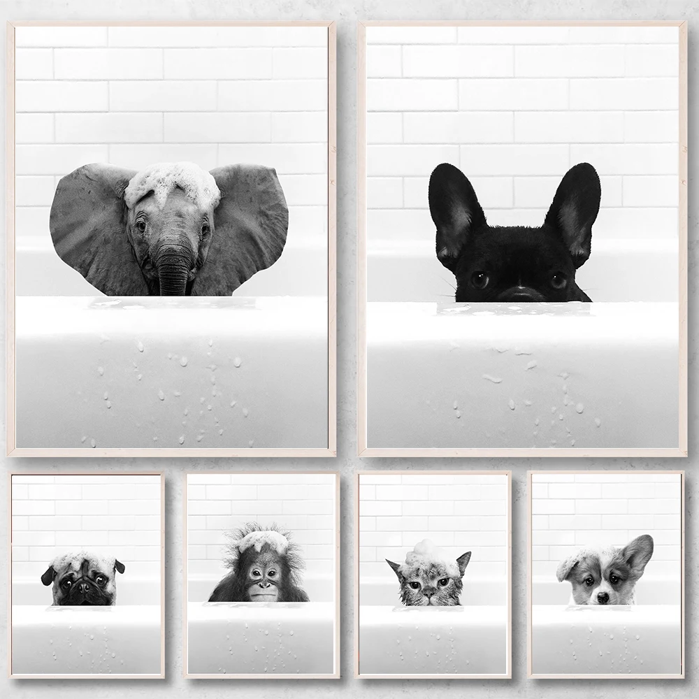 

Animal Elephant Cat Dog Monkey Take A Bath Poster Nursery Wall Art Pictures Canvas Painting Prints Bathroom Toilet Room Decor