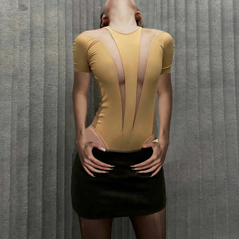 Women's 2023 Summer New Fashion Mesh Splice Shaping Round Neck Short Sleeve Bodysuit