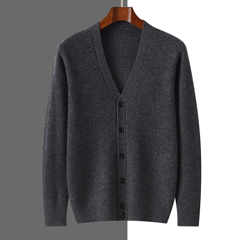 Мужской кардиган с V-образным вырезом толстый однотонный Повседневный вязаный