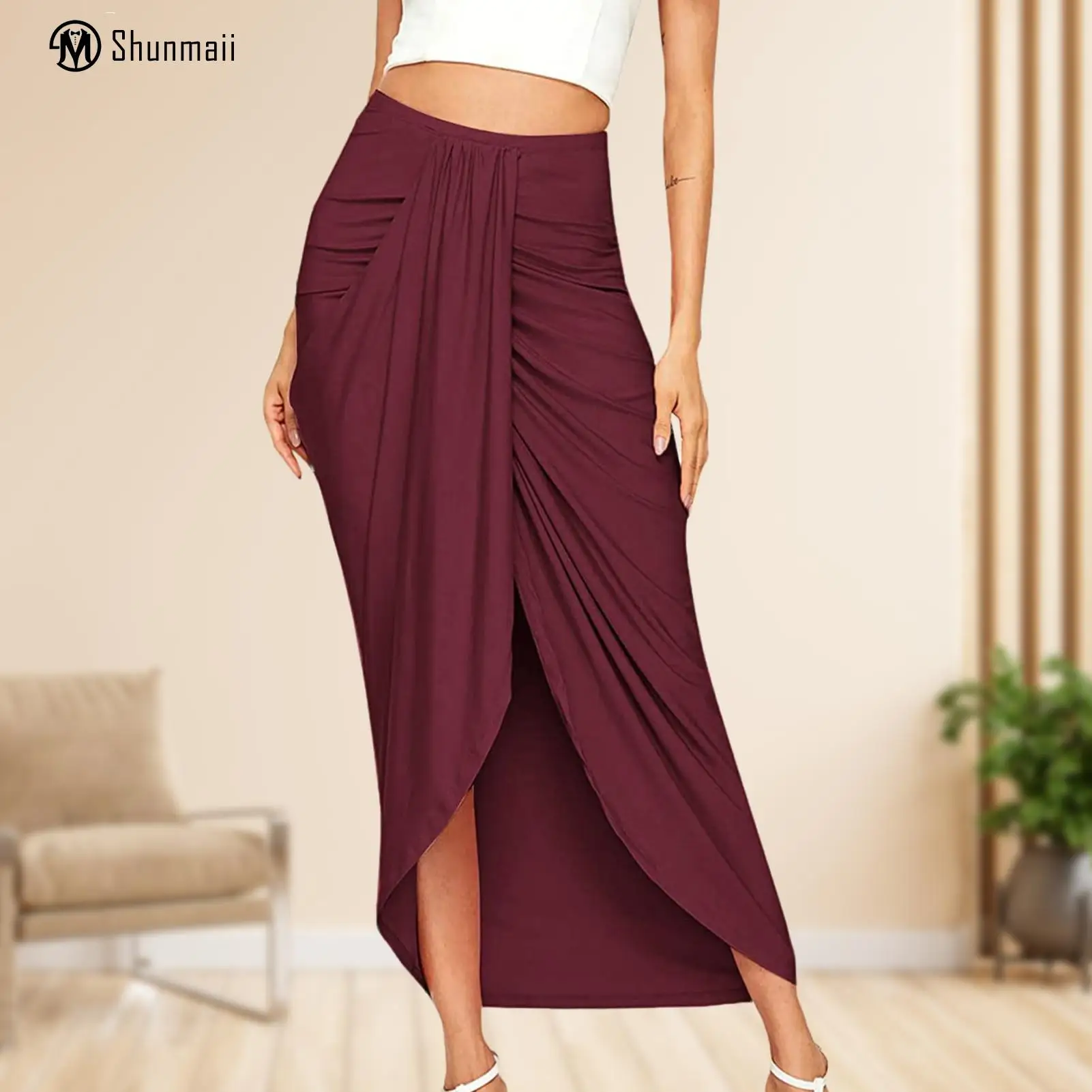 

Maxi Draped Skirt Women Mid Calf Slit Wrap Skirt Asymmetrical Solid Color Elegant Split Breathable Streetwear Leisure