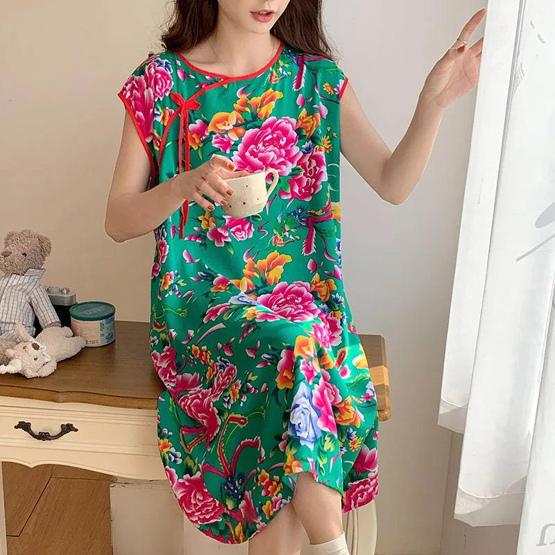 Новое пижамное платье без рукавов в китайском стиле для женщин Крутое летнее