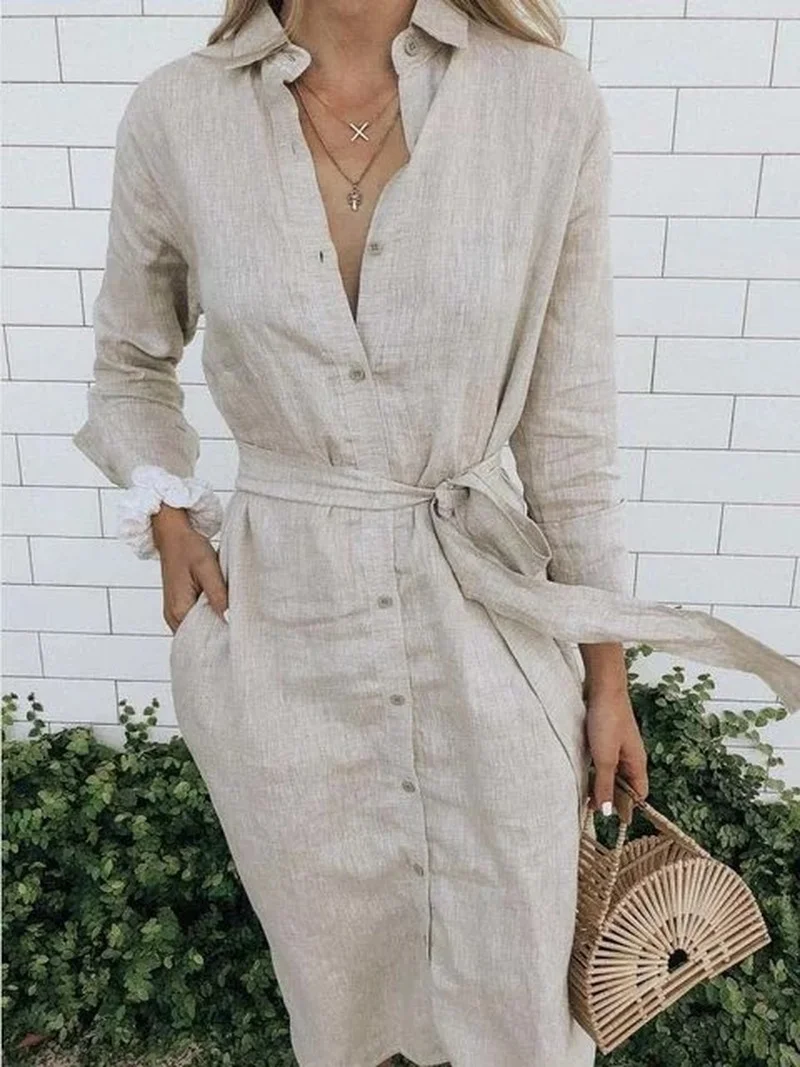 

Women Sashes Long Sleeve Button Up Long Shirt Dress 2023 Casual Robe Chemise Femme Plus Size 5xl Green White Black Linen Dress