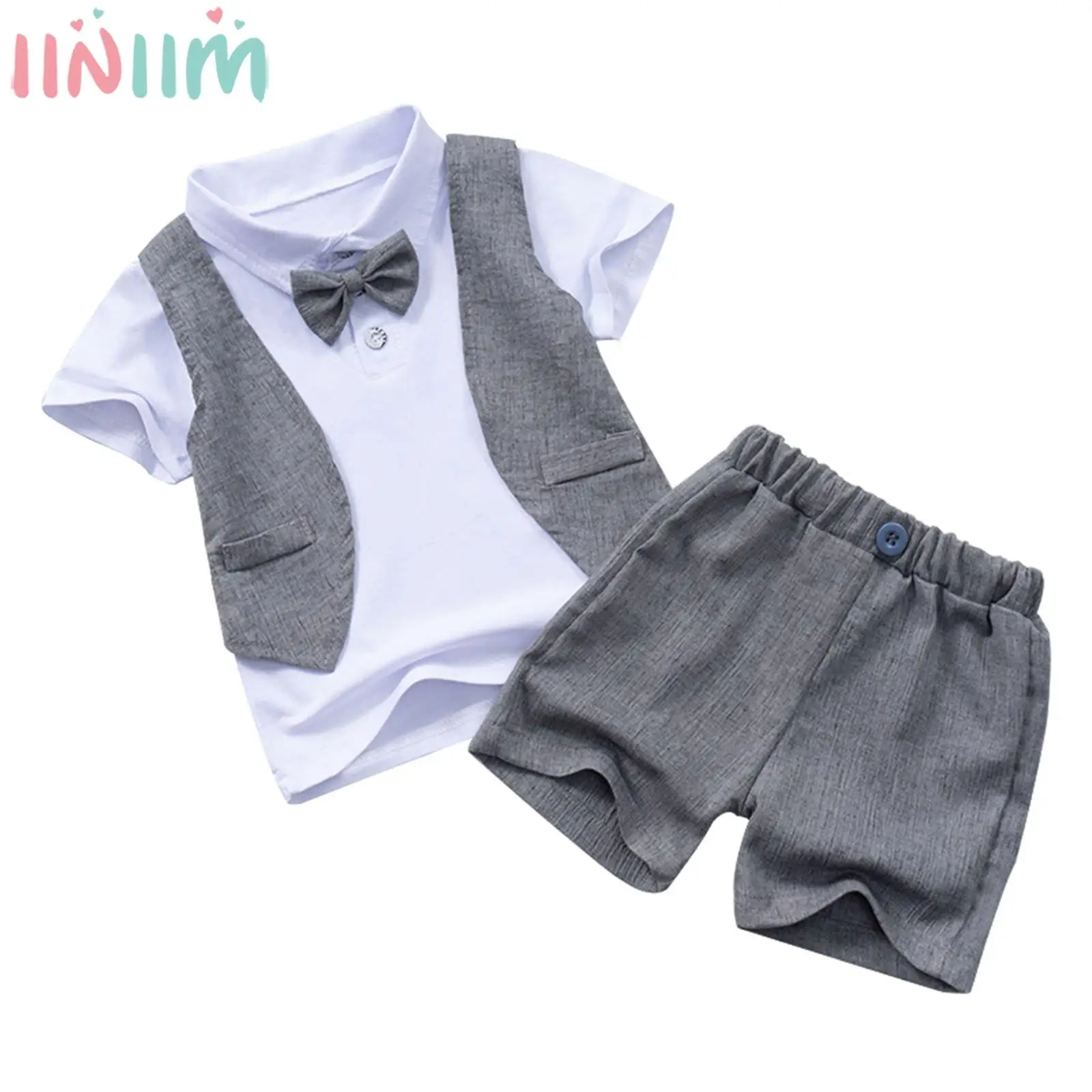 

Baby Boys Casual Gentleman Suit Fake Two-piece Bow Tie T-shirt Top with Shorts Christening Wedding Birthday Party Formal Dresses
