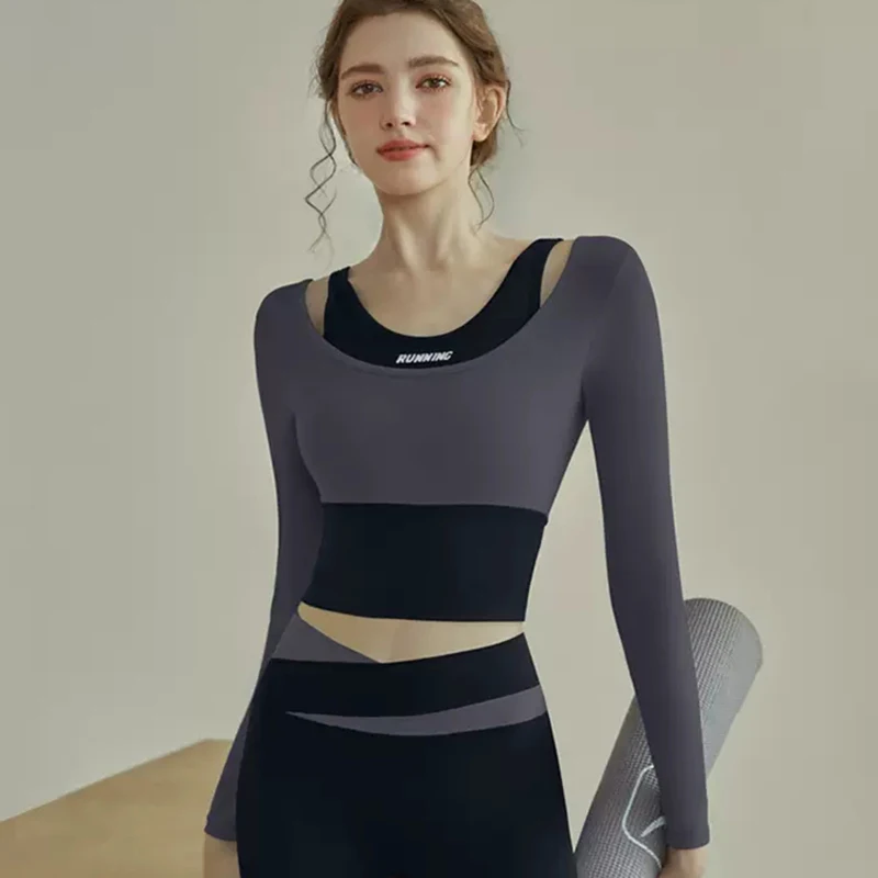 F.DYRAA Women Fake Two Pieces Yoga Shirts Contrast Long Sleeved Slim Fit Crop Tops Fitness Training Wear For Lady Gym Sportswear