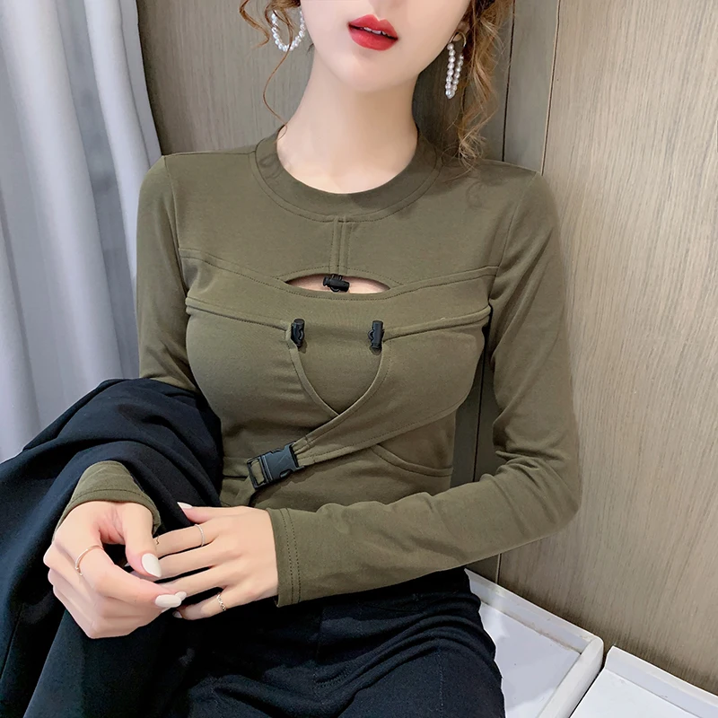 

New Fashion Casual Hollow Out Drawstring Woman Tshirts Women Sexy Tops Female Lady Y2k Top Aesthetic Beautiful Women Clothing 2