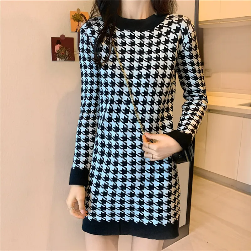 

Женское модное трикотажное платье с рисунком «гусиная лапка», с круглым вырезом, с длинными рукавами, женские вязаные мини-платья осень-зим...