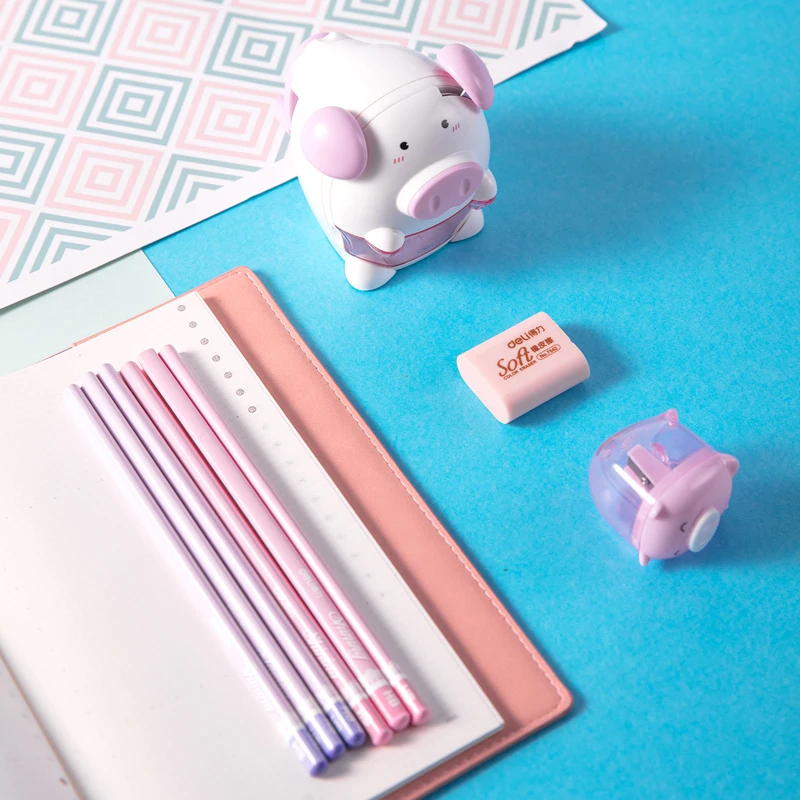 Creative Cartoon piggy stationery set 6 pcs pencils/1eraser/2pencil sharpeners Primary school student New semester Kawaii gifts