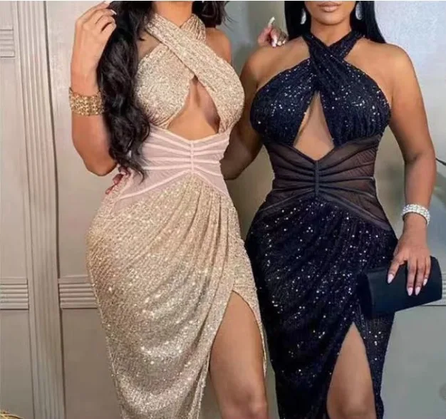 

Женское винтажное платье с лямкой на шее, прозрачное платье с асимметричным разрезом, элегантное винтажное платье для вечерние, новинка 2022