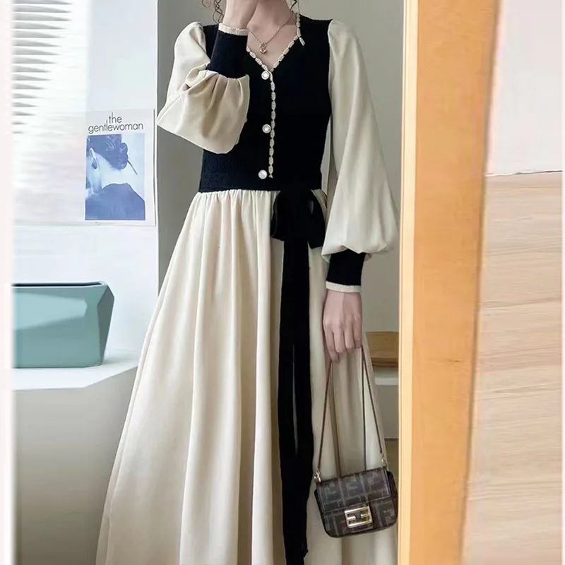 Женское винтажное трикотажное платье-миди с длинным рукавом и завышенной талией