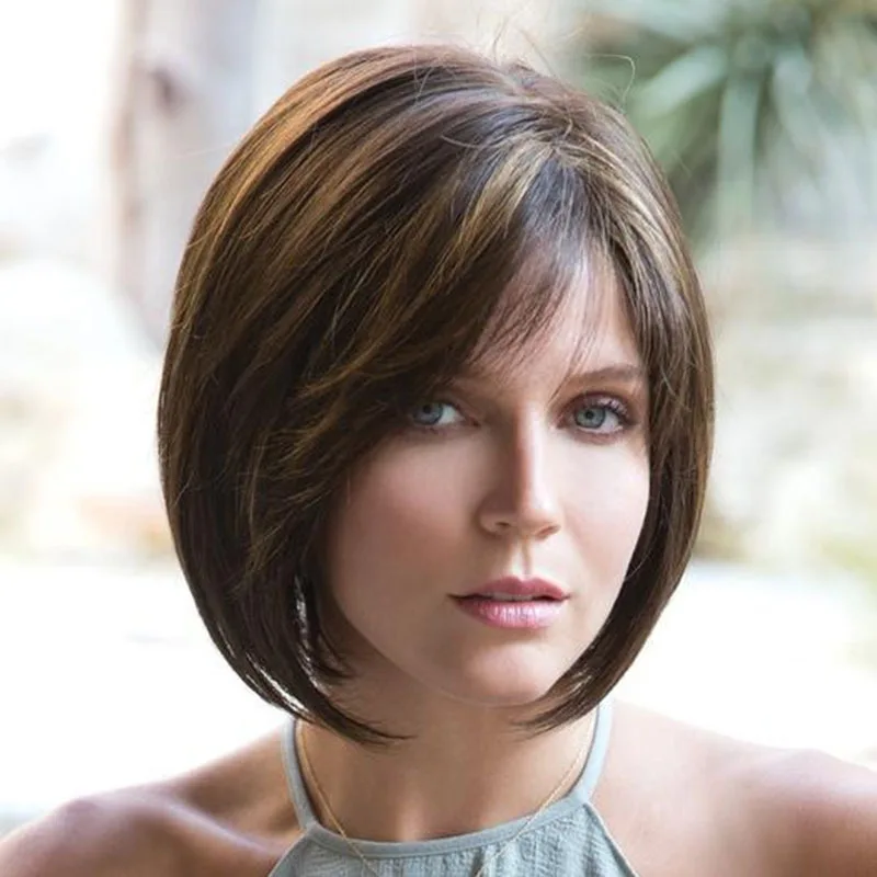 

JOY&BEAUTY Short Straight Synthetic Mixed Brown Bob Wig with Bangs for Women Heat Resistant Natural Hair