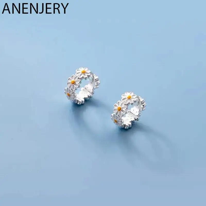 Женские серьги-кольца с маргариткой ANENJERY серебристого цвета милые весенние