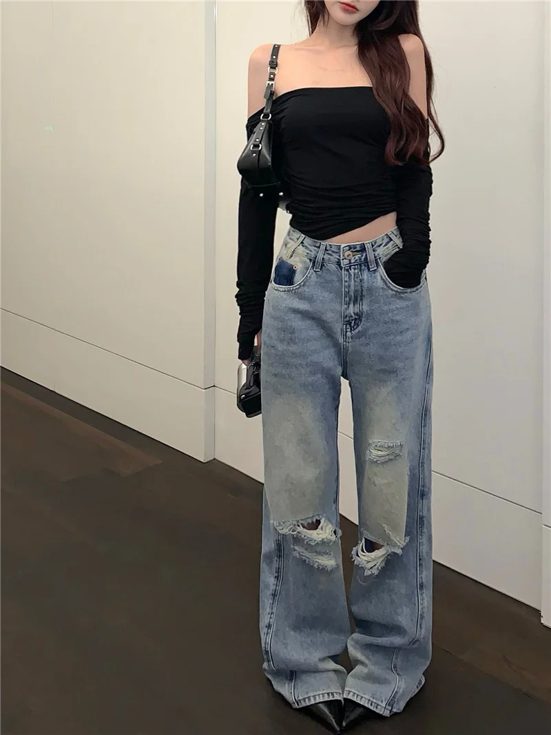 

Женские винтажные джинсы свободного кроя, Синие рваные джинсы с высокой талией и прямыми штанинами, в стиле хип-хоп, для лета, 2023