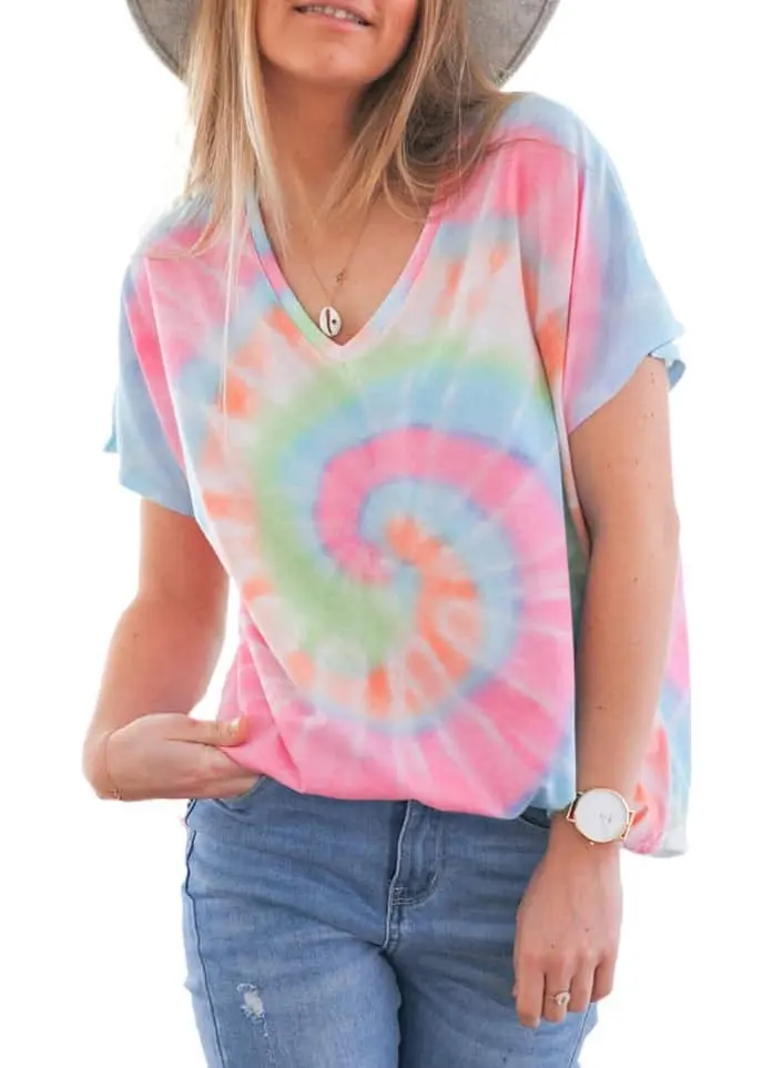 

Women`s Tee Shirt Tie Dye V Neck Short Sleeve Shirts Color Block Casual Loose Fit Tee Tops