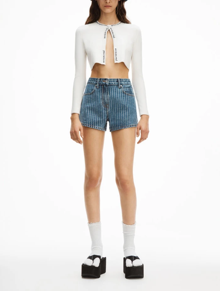 124264 Fashion Classic Trendy Luxury Design Women Summer High Waist Slim Vertical Stripe Rhinestone Solid Denim Shorts Pants