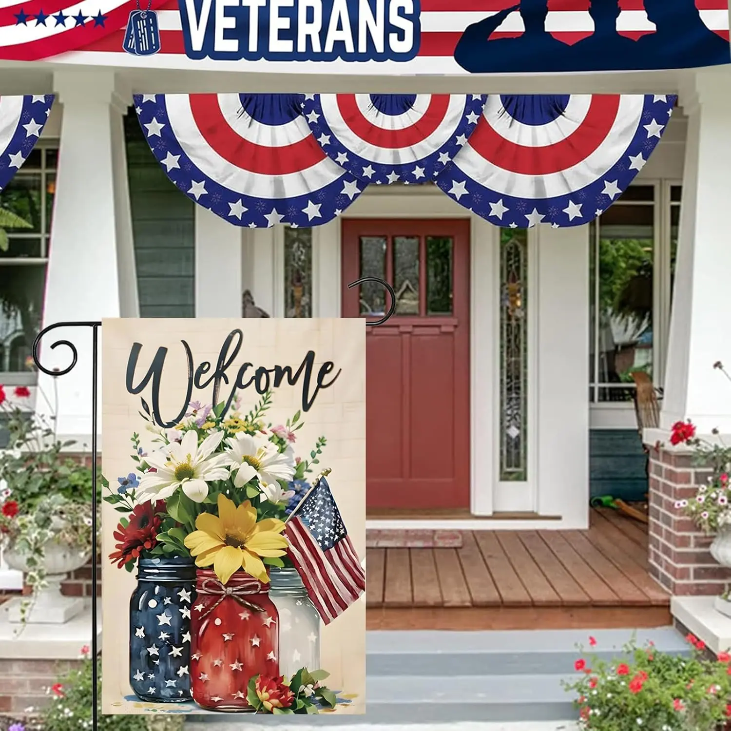 4 июля Мейсон Банка Цветы Садовый флаг 12x18 Патриотическое празднование