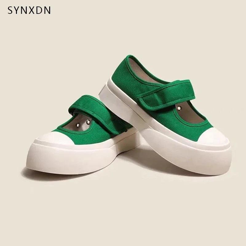 

SYNXDN Flat Women Canvas Shoes Platform Vulcanized Shoes Thick Sole Hook Loop Casual Female Mujer Breathable Chunky Sneakers