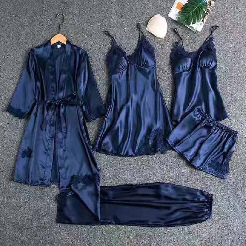 5 Pieces Faux Silk Pajamas Set Women Multicolor Sexy Satin Strap Top Pants Padded Sleepwear Lace Robe Gown Spring Autumn 3XL