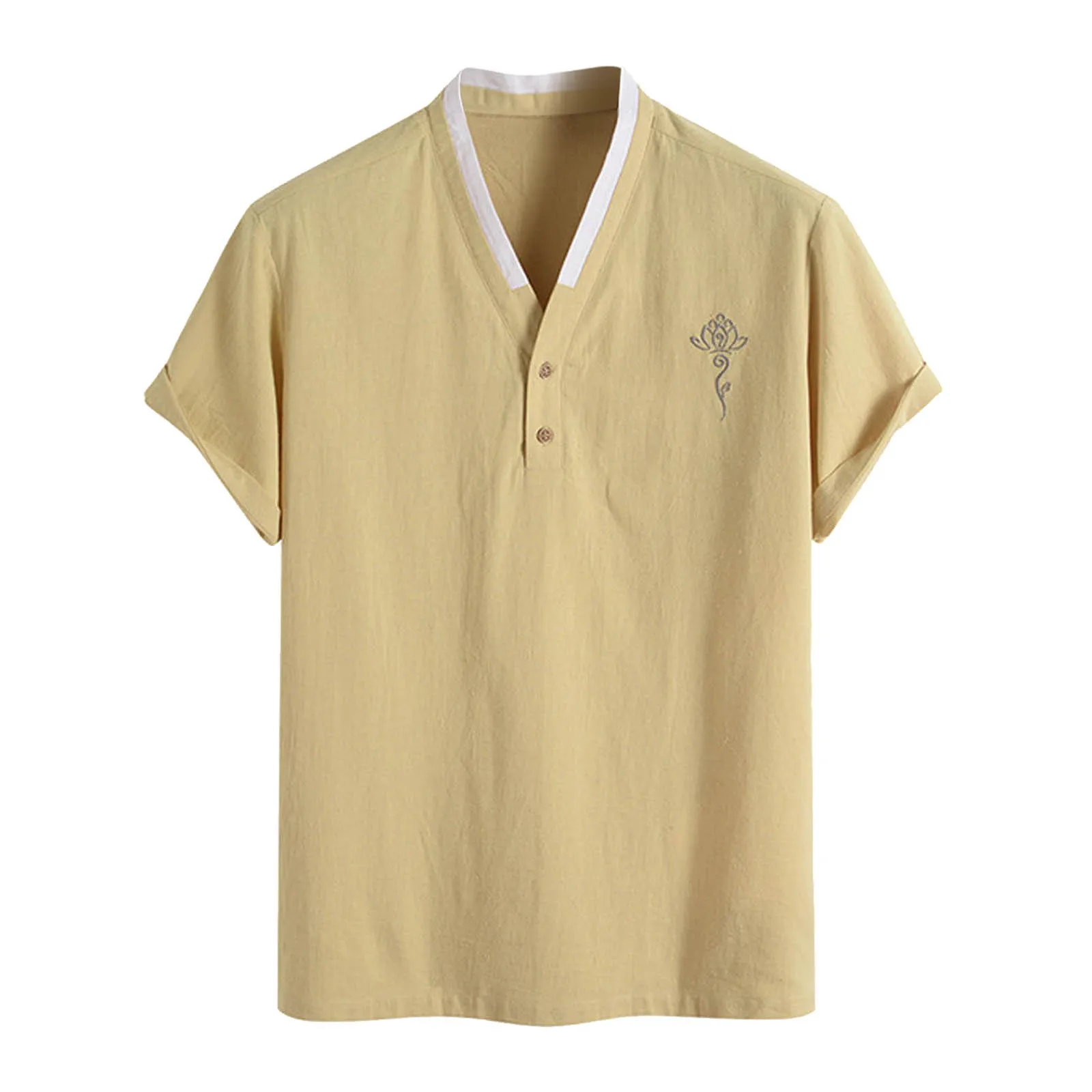 Men Soft Top Shirts Cotton Linen Summer Casual Button V Neck Printed Short Sleeves Pullover Casual Top Baggy Button Blouses