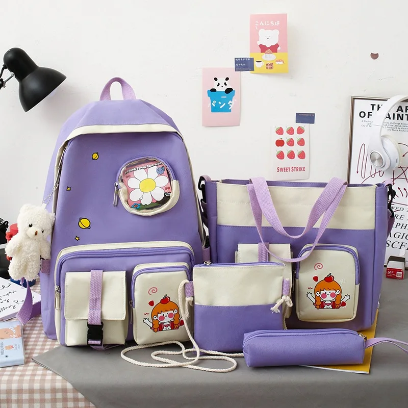 4 pcs sets canvas School Bags For Teenage Girls Female Children Shoulder Bags New Trend Female Backpack Fashion Women Backpack