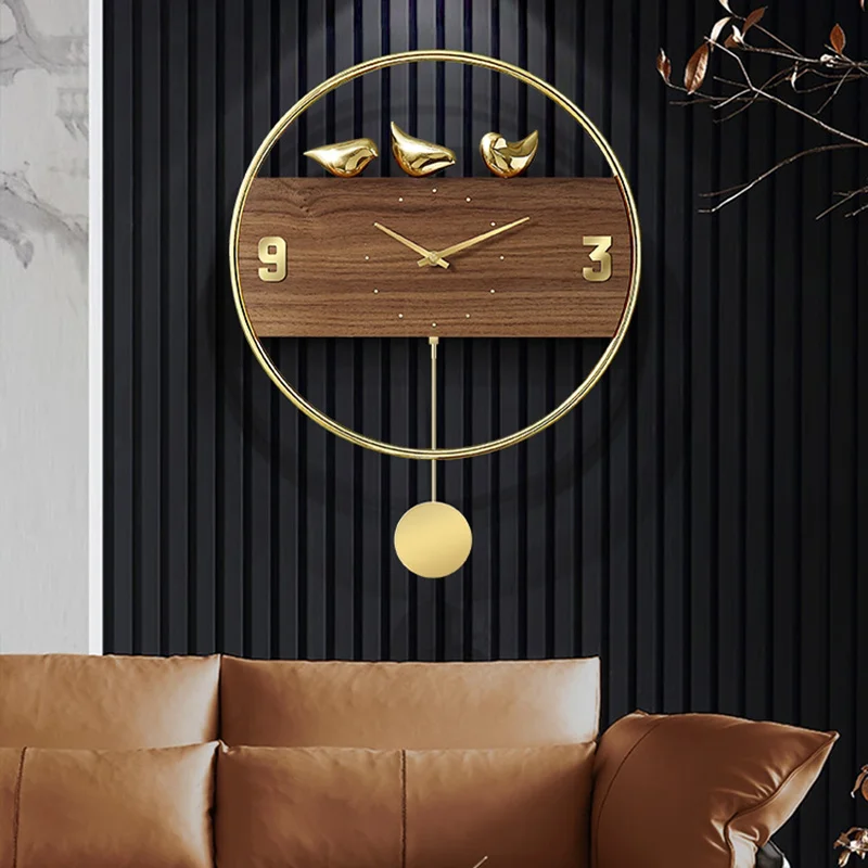 Nordic Vintage Wall Clock with 3D Birds Decor Large Pendulum Clock Creative Living Room Gold Wall Mute Clock Wall Clock