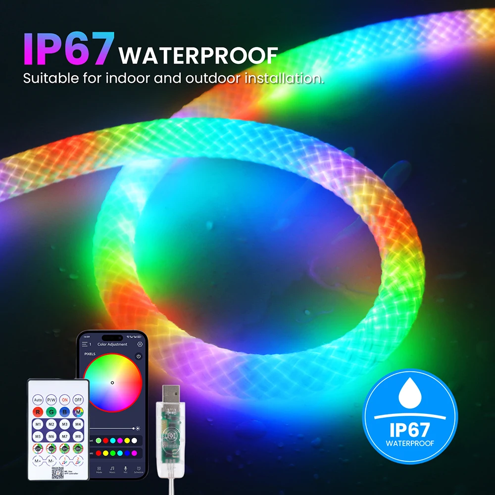 Фото Светодиодная лента 360° Round 5V USB Bluetooth WS2812B Rainbow RGB, гибкая неоновая лента из нейлона, с пультом дистанционного управления на 24 кнопки, водонепроницаемая. №1