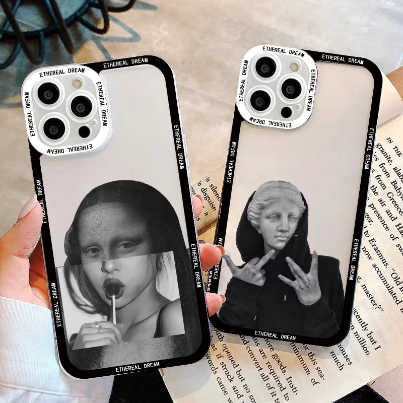 

Cartoon Art Aesthetic David Mona Lisa Clear Phone Case For iPhone XS X XR 14 13 12 11 Pro Max SE2 7 8 14 Plus Transparent Cover