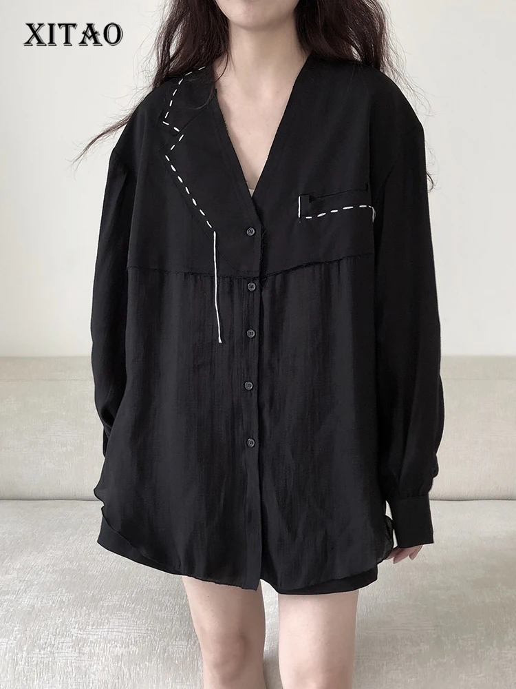 

XITAO Single Breast Black Blouse Fashion New Women Pocket Goddess Fan Casual Style Loose 2022 Summer Minority Shirt ZY6978