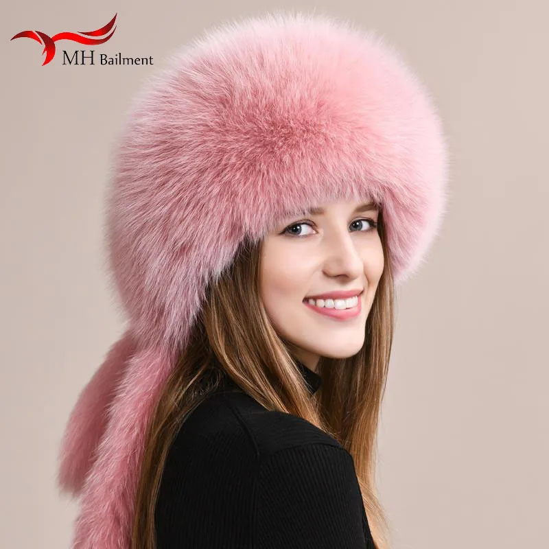 Winter Fashion Real Fox Fur Hats For Women Warm Thick Furry Headgear Russian Girls Cap Natural Fluffy Fur Hat With Tail