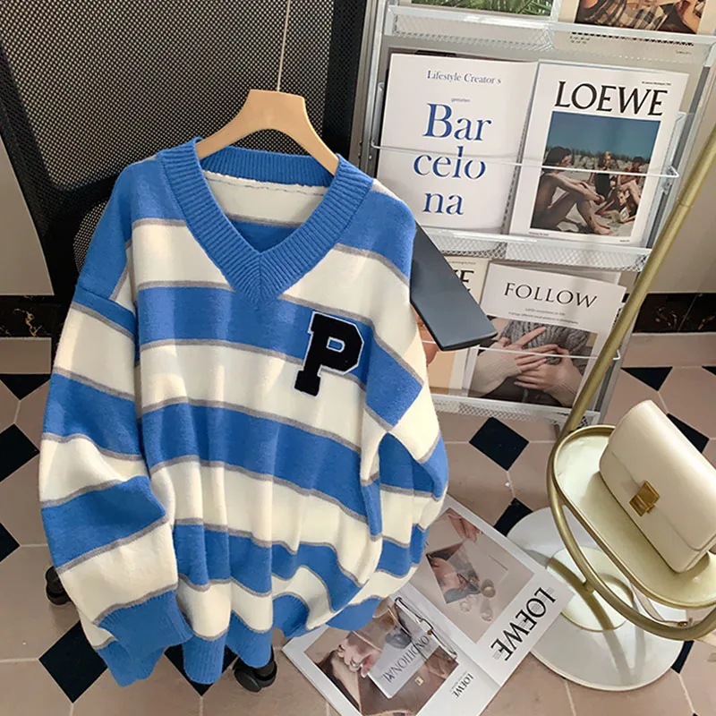 

LQ_SONGYI High Quality V Neck Sweaters Striped Pullover Long Sleeve Sweater Women Knitted Jumpers Sweater Mujer Loose Jumper