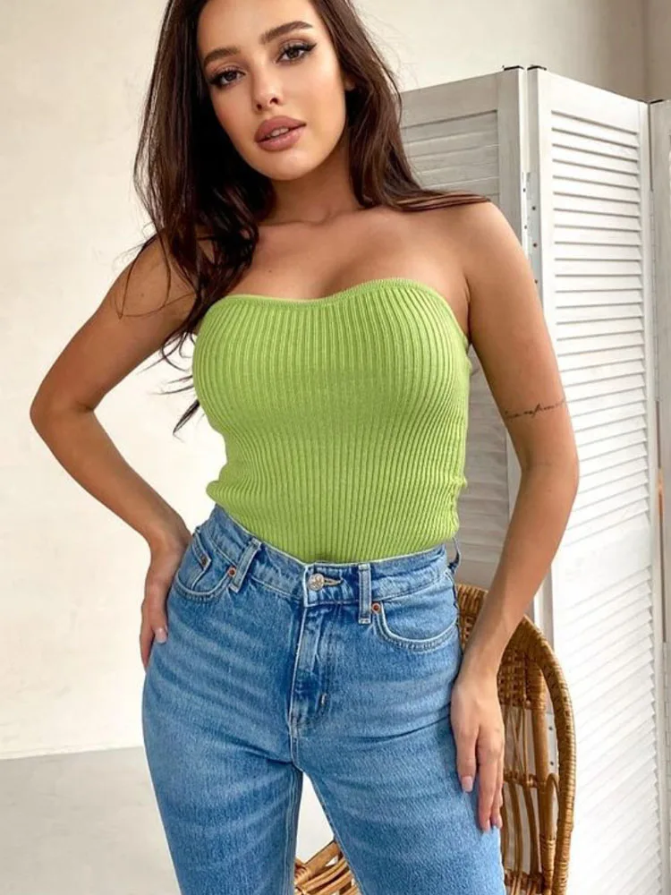 

Трикотажный женский укороченный корсет без бретелек, топ с открытыми плечами, сексуальная женская майка без рукавов, модная летняя облегаю...