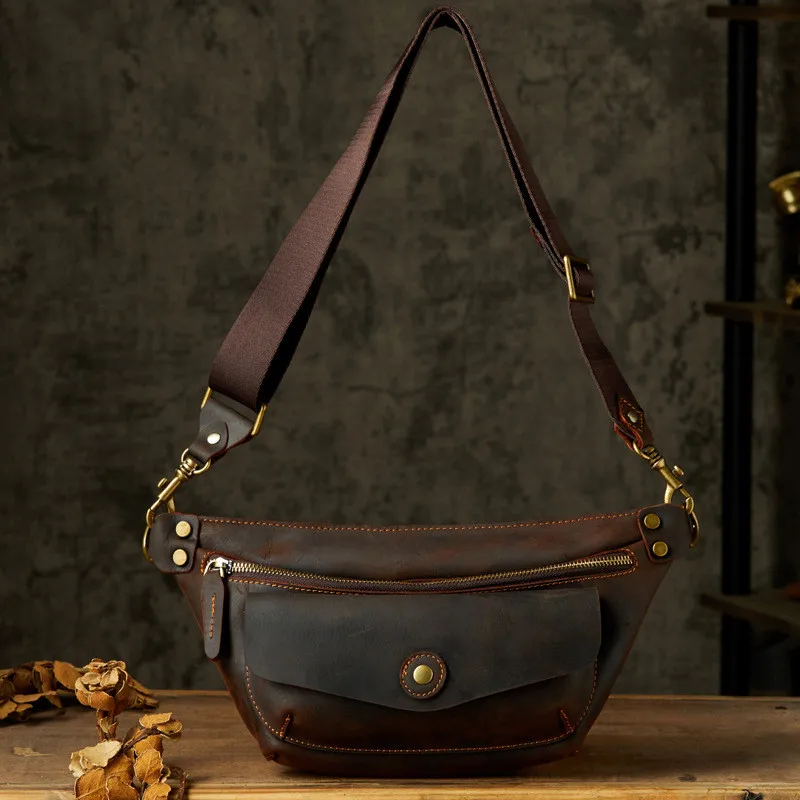 Retro fashion crazy horse cowhide men handmade design saddle bag outdoor leisure mobile phone with wide shoulder strap chest bag