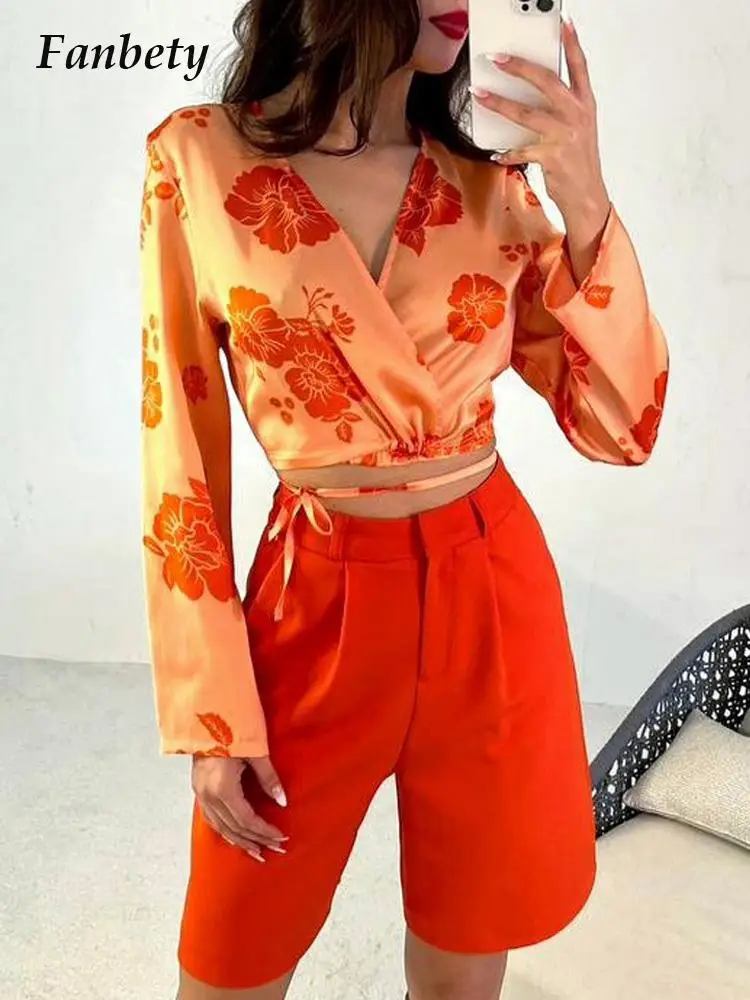 

Summer Trend Fashion Retro Print Sexy Lace-Up Shirt Tops With Shorts Two-Piece Set High Street Women's Commute Casual Suits 2022