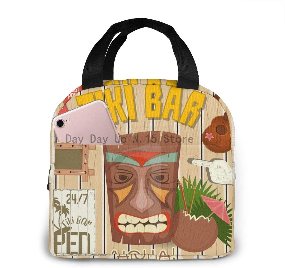 

Tiki Bar Poster Totem Reusable Insulated Thermal Lunch Bag Case Handbags Tote with Zipper for Work Outdoor Travel Picnic