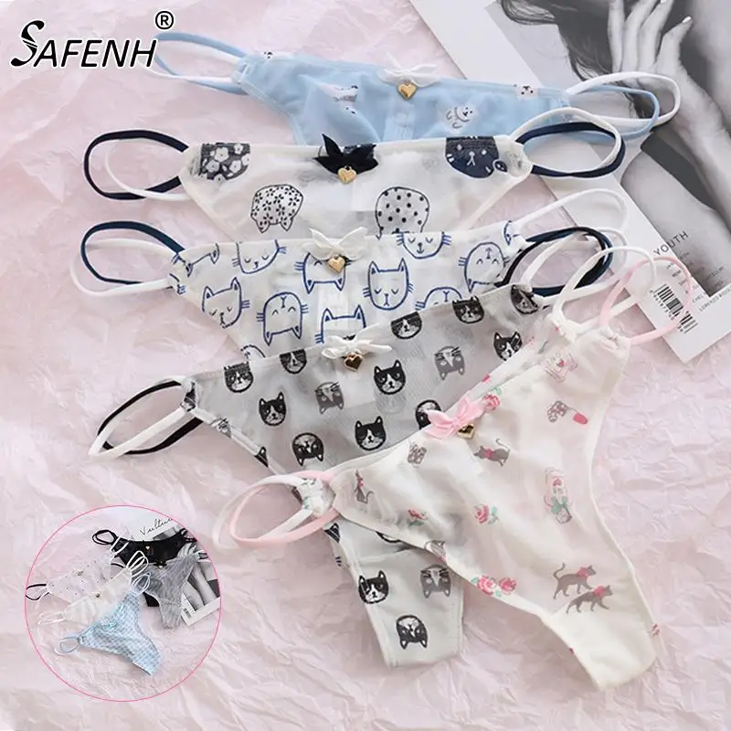 

Sexy Transparent Panties Cute Cat Ladies Mesh T-Back T-String Thongs Strawberry Cherry Low-Waisted Seamless Underwear For Women