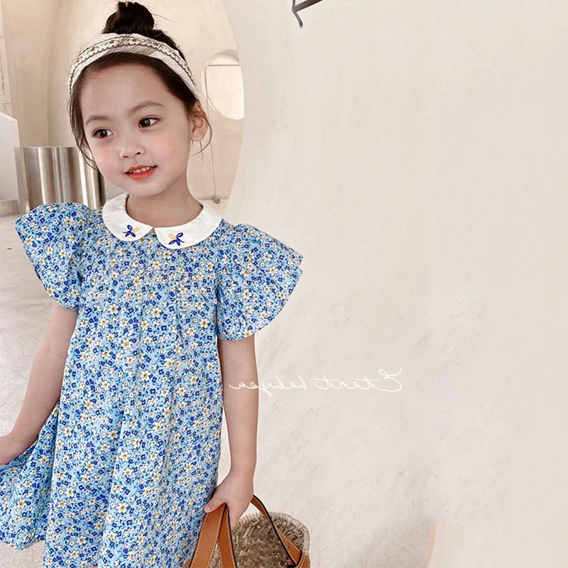 

Новинка, летние детские платья, синее платье принцессы с принтом, платье в Корейском стиле с цветами, повседневная одежда для маленьких дево...