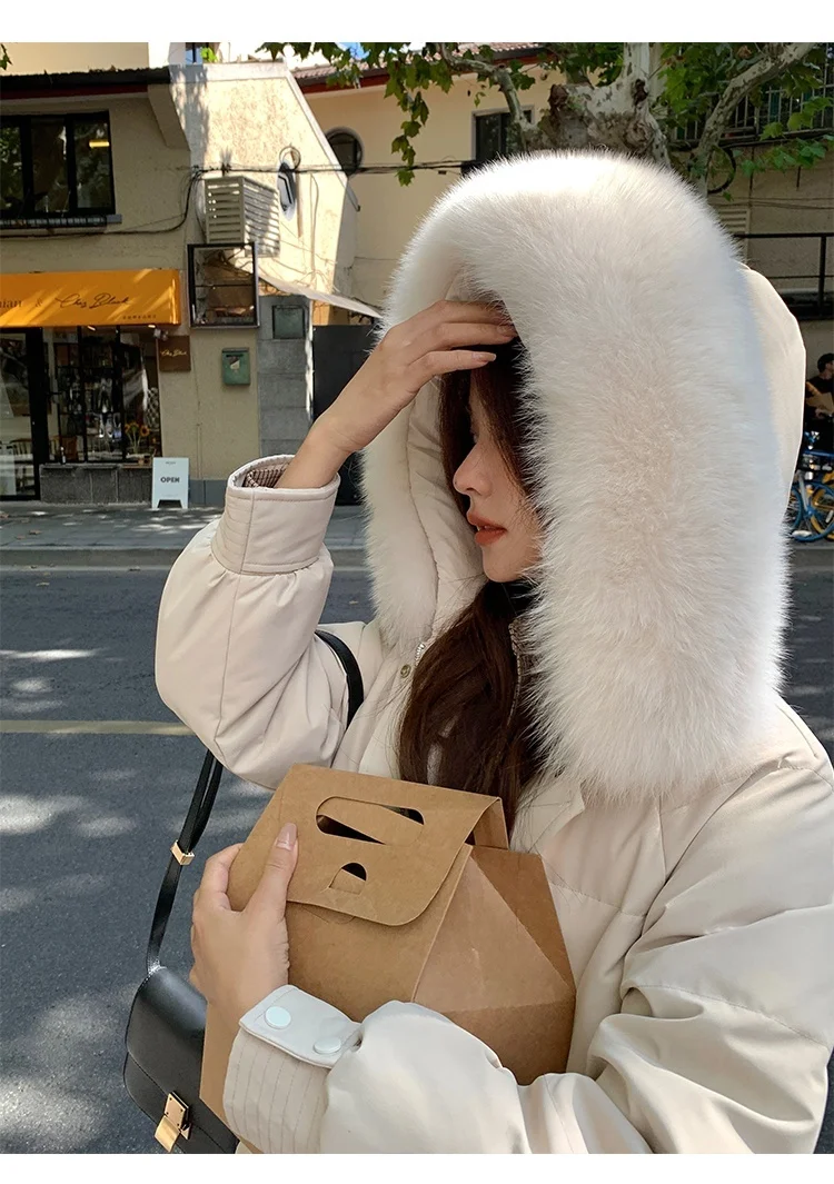 

Женское длинное пуховое пальто Zhang Beibei, Свободное длинное пуховое пальто на белом утином пуху с меховым воротником и капюшоном, с сетчатым р...